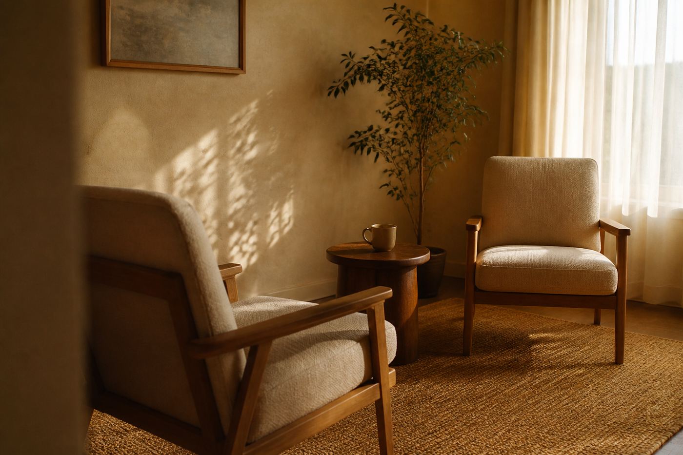 Two chairs in a quiet room with warm afternoon light